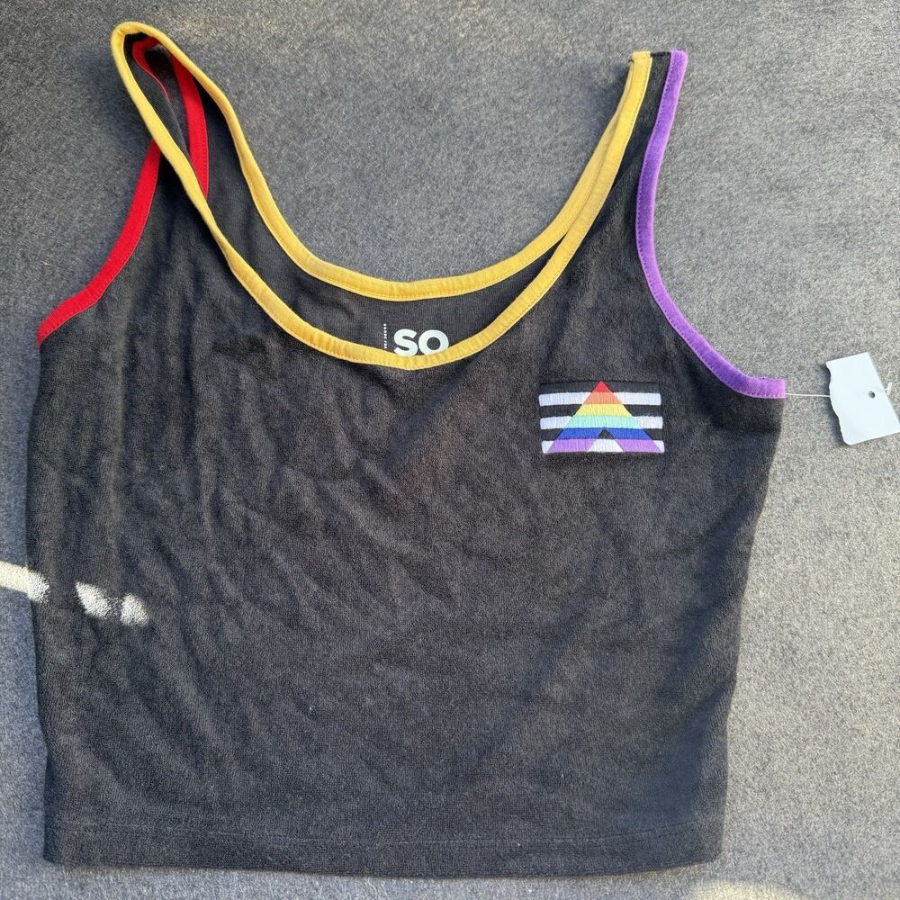 5/$25 pride womens teddy crop top small s black Featival Rainbow Lined A5